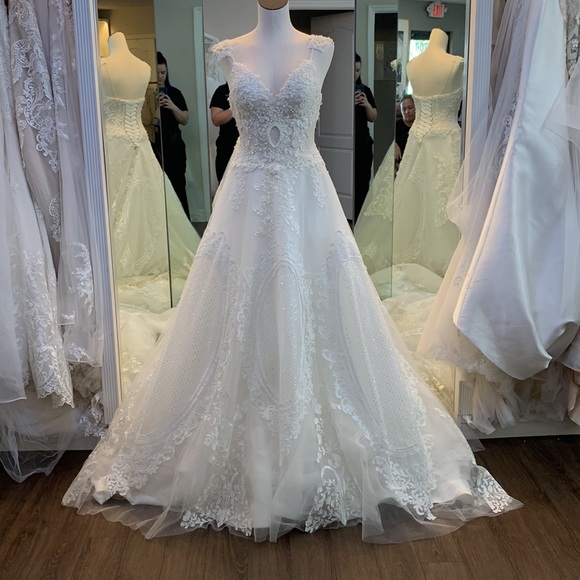 NEW ivory Aline cathedral length train wedding dress beaded corset back vneck - Picture 4 of 11